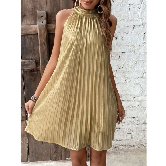 Gold Metallic Pleated Halter Neck tied back Mini Dress - Picture 3 of 7